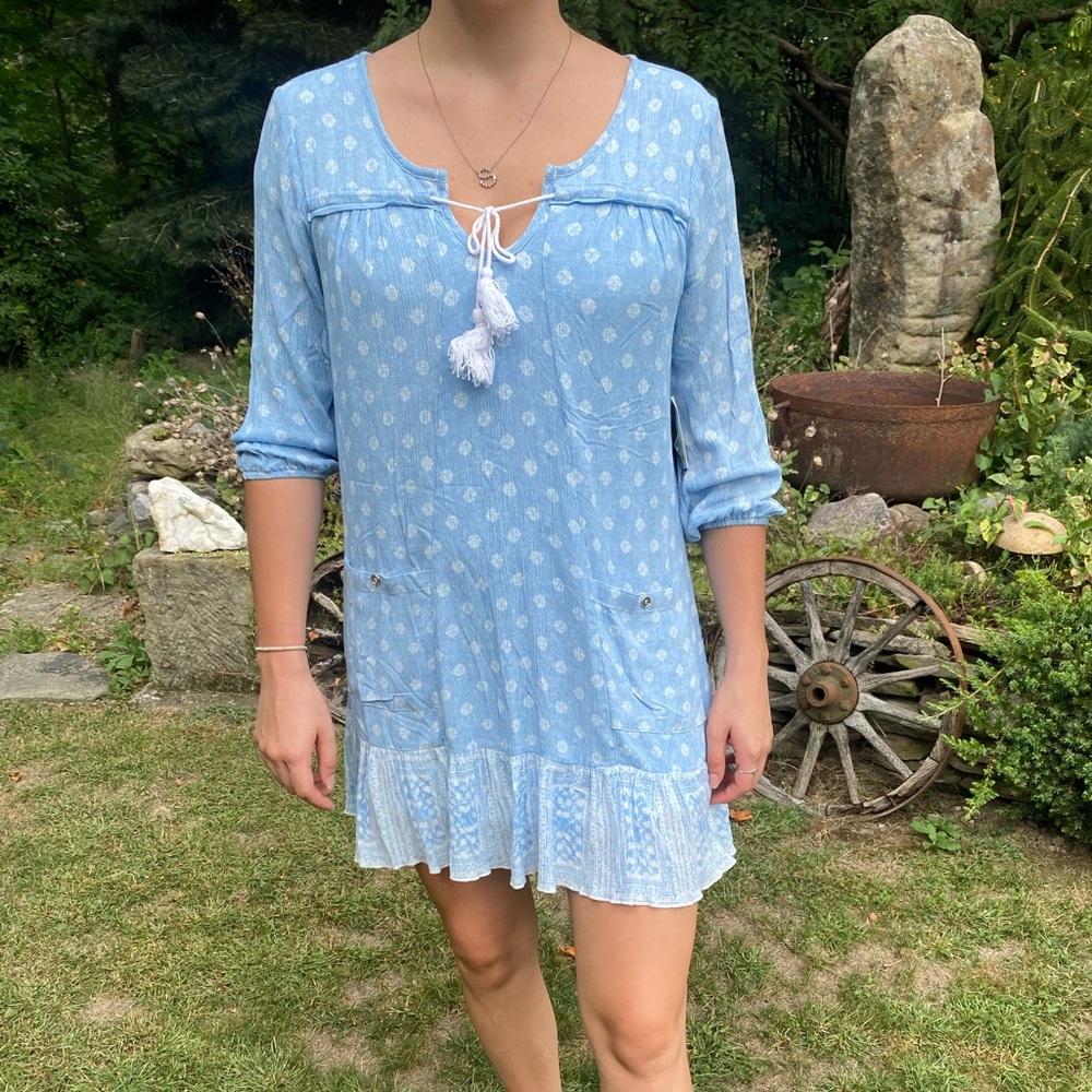 As You Wish Blight Blue White Drop Dress Ruffles and Tassels Small